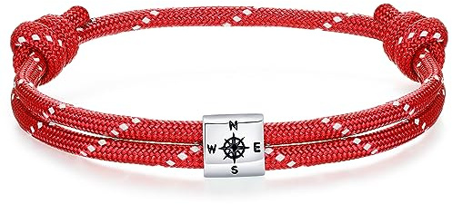 J.Endéar Bracelet Boussole Paracorde Nautique pour Homme, Bracelet Argent 925 fait main Surfer Bijoux Plage d'été Partenaire Cadeau d'Amitié, Rouge