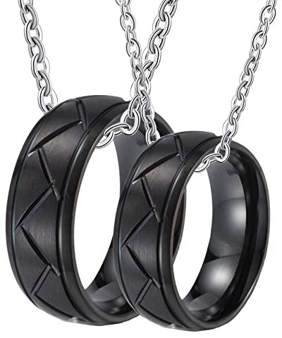 BCughia Partnerketten mit Ring, Partnerketten für 2 Schwarz Halskette Gravieren Schwarzer Gebürsteter Ring 8 mm Necklace Männer