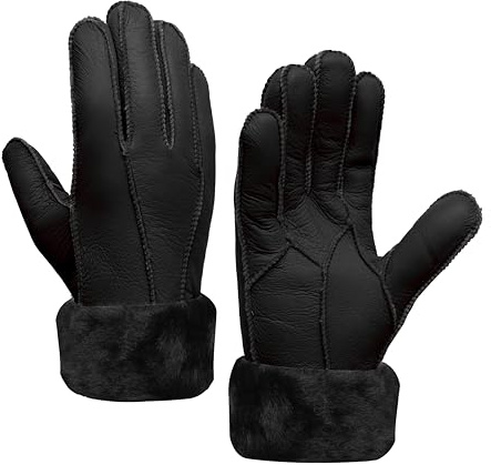 MGGMOKAY Damen Lederhandschuhe Schaffell Handschuhe aus Shearling Warme Winterhandschuhe,Schwarz,S