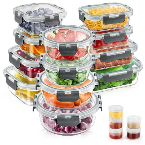 34pcs Glass Food Storage Containers with Lids Set, Airtight Glass Meal Prep Containers (17 Containers & 17 Lids), Leak Proof Lunch Container BPA-Free, Microwave, Oven, Freezer, Dishwasher Safe-Grey