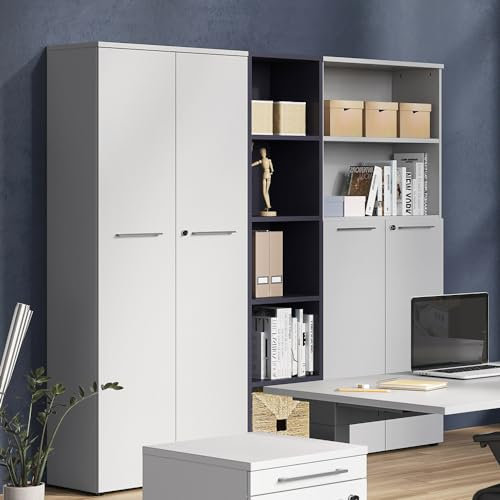 Lomadox Aktenschrank Set 3-teilig Büromöbel abschließbar mit Regal in Lichtgrau, BxHxT: ca. 205x197x40 cm