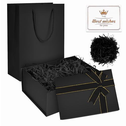BoîTe Cadeau Noir 22 x 16 x 8,5 cm Boite Cadeau Anniversaire, Boite Carton avec Couvercle et Nœud en Ruban, Boite Cadeau Vide, pour Saint-Valentin Anniversaires Vacances Noël Thanksgiving