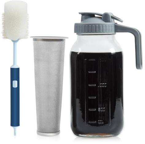 Sobeta Cold Brew Kaffeemaschine, Cold Brew Coffee Pitcher Mason Jar 1,8 l, langlebiges, dickes Glas, kaltgebrühter Krug, Klappdeckel, Ausgießer mit Griff