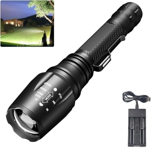 NAKCNM Torch Rechargeable, Small Torches LED Super Bright Flashlight Battery Powered with Pocket Clip, 4 Light Modes, Adjustable Focus, Waterproof High Power for Hiking Caving Walking EDC