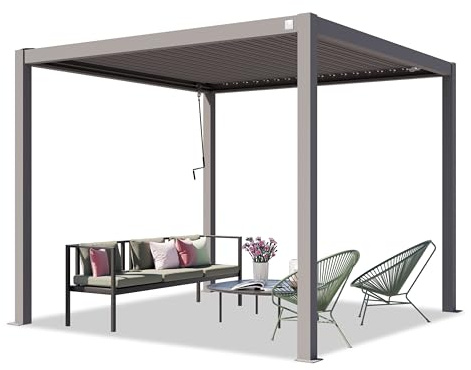 PRIMEYARD Pergola 3x3 m Aluminium-Pfosten mit Lamellendach aus Stahl graue Terrassenüberdachung