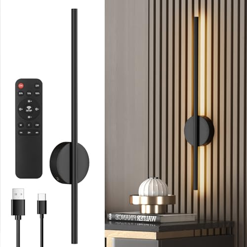 Aipsun akku Wandleuchte mit Fernbedienung innen, 10000mAh - 60CM Lang Schwarz 5W 360° Drehbare Wohnzimmerlampe mit Dimm- und Timing-Funktionen, 3000K-6000K, für Wohnzimmer, Schlafzimmer, Esszimmer