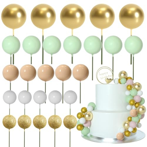 ASTARON 50 Stück Tortendeko Kugeln Cake Topper, Mini-Ballons Tortenaufleger für Hochzeit Party Babyparty Geburtstag Torte Dekorieren(Hellbraun, grüne Serie)
