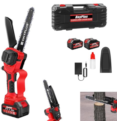 Mini Tronçonneuse Brushless, Mini Tronçonneuse Électrique Sans Fil de 8 Pouces, avec 2 Batteries Rechargeables et 1 Chaînes, pour Élagage des Arbres et Branches, Coupe du Bois, Rouge