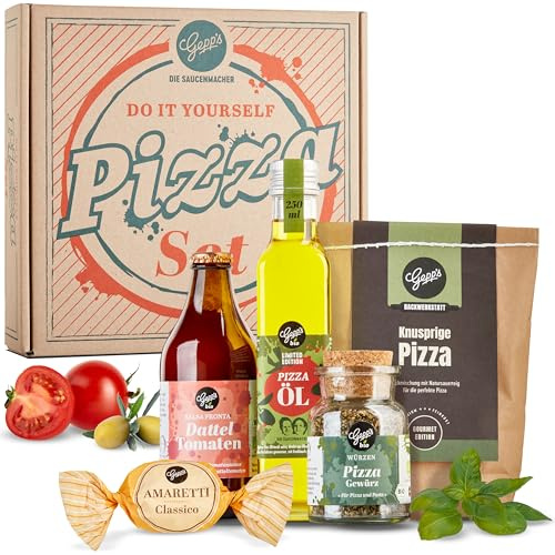 Gepp’s Feinkost DIY Pizza Geschenkset I Knusprige Pizza zum Selbermachen | Geschenk mit Pizzateig nach neapolitanischer Art, Sugo aus Kirsch- und Datteltomaten, Pizzaöl und Bio Pizzagewürz