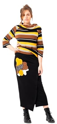 Mamatayoe Performance. Falda Midi de Mujer de Color Negro con Detalles Bordados para Otoño Invierno. Falda Recta a Media Pierna de Punto Roma con Abertura Delantera y Cinturilla Elástica. Talla XL