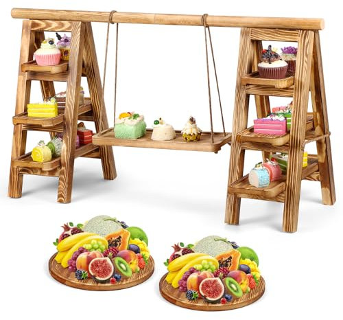 3 Tier Wooden Cupcake Stand, Wooden Serving Tray Set Cake Swing Stand with 2 Pcs Round Tray, Food Display Stand for Cake Snack Bread, Desert Table Display Set for Party, Baby Shower, Wedding