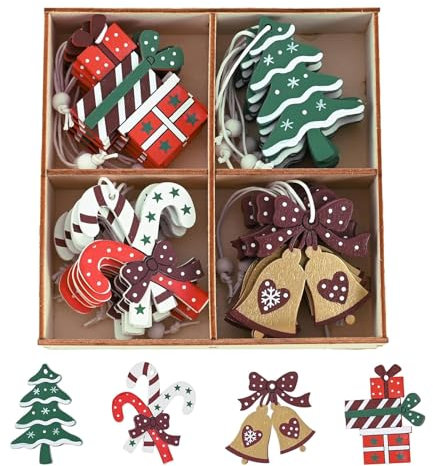 anneratteryer 24 Deco Sapin De Noel Or Et Rouge, Sujet De Decoration en Bois Noel à Suspendre en Bois, Arbre, Cadeaux, Bâtons Et Cloches, Pendentifs De Noël Rouge, Vert, Blanc,Deco De Noel Interieur