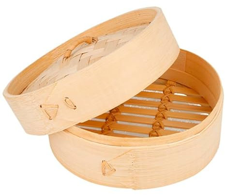 Monouso | 1 Vaporera de Bambú, Ø15x8cm, Con Tapa, Cesta de Vapor de Alimentos, para Cocinar al Vapor, Verduras, Pescado, Carne