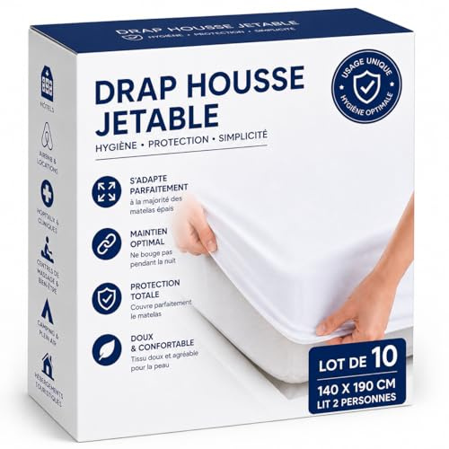 Drap Housse Jetable 140x190 cm – Lot de 10 Housses – Grand Bonnet - Housse Protection Matelas - Lit 2 Personnes - Protection & Hygiène - Literie à Usage Unique – Tourisme et Médical Blanc