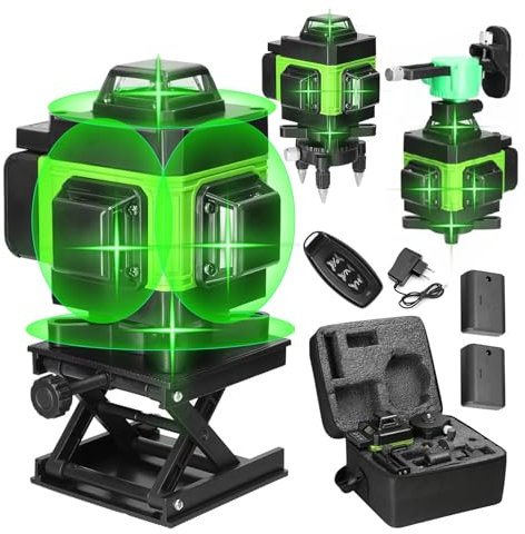 Qawner Livella Laser Autolivellante 4x360, 4D 16 Linee, IP54 Antipolvere, Impermeabile, Alta Precisione, Laser Autolivellante con 2 x 2600mAh Batterie