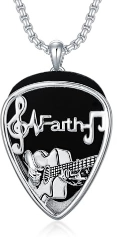 Shusukue Halskette mit Gitarrenplektrumhalter für Herren, 925er Sterlingsilber, Gitarrenanhänger, Musiknoten-Halskette, Faith-Musik-Halskette, R&B-Musikschmuck, Geburtstag für Gitarristen