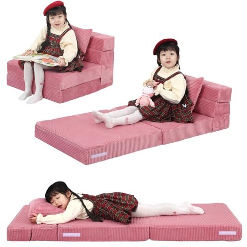 MeMoreCool Cord Spielsofa Kindersofa, Glow-Kinder Sofa, Kinder-Klappsofa, Flip-Sofa Kindercouch, Z-Bett, kindersofa ausklappbar, Bodenbett, Klappcouch für Spielzimmer, Rosa