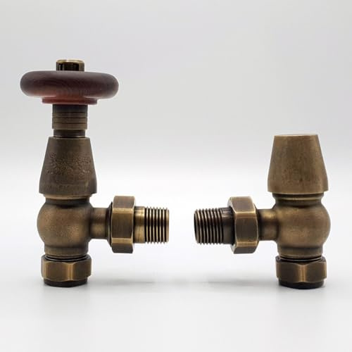 Lux Heat Angled Antique Brass Traditional Thermostatic Radiator Valve (TRV) Set