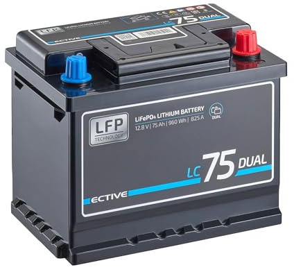 ECTIVE - LiFePO4 Lithium-Eisenphosphat Dual Batterie LC75 12V 75Ah 960Wh 825A - Starterbatterie & Versorgungsbatterie bis -20°C mit BMS-System - Start- & Aufbaubatterie für Boote, Van, Camper