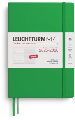 LEUCHTTURM1917 372799 veckokalender och anteckningsbok medium (A5) 2026, 18 månader 07.2025-12.2026, inbunden fjäderblad, engelska