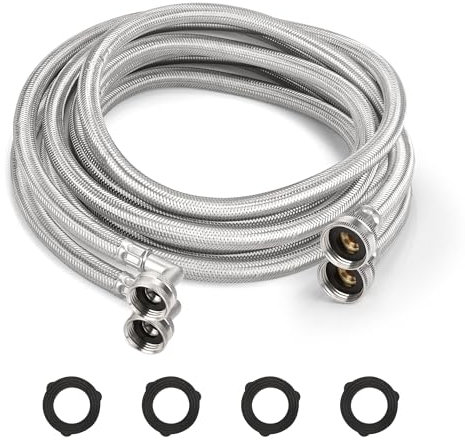 KEJJNYER 2 Pack 8 FT Washing Machine Hose with 90 Degree Elbow, Burst Proof Braid Washer Hose, Hot and Cold Water Washer Supply Hoses,3/4 Fittings Washing Machine Fill Hose