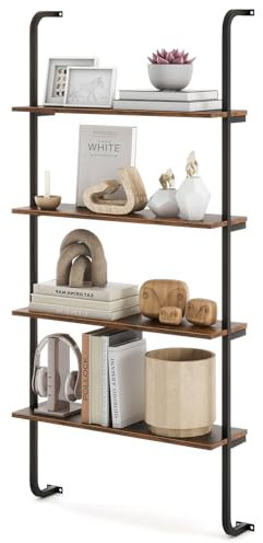 COSTWAY 4-Tier Ladder Shelf, Industrial Wall Bookcase Shelving Unit Display Rack, 150cm Metal Frame Wooden Wall Mounted Bookshelf Storage Shelves for Living Room, Bedroom and Office, Rustic Brown