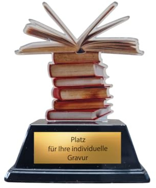 10 cm Bücher Pokal mit Wunschgravur - Acryl Trophäe für Lesewettbewerbe | Individueller Award auf Acryl Bücherstapel für Schulen, Lesefeste und Wissenshelden, 50 g Leichtgewicht, hochwertige Qualität