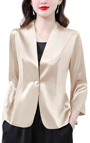 LIUYUYOUGO Satin Bolero Shrug for Women 3/4 Sleeve Open Front Cardigan Elegant V Neck Satin Blazers Business Casual Silk Jackets Shrug Tops Work Office Blazer Suit Outwear Champagne XL