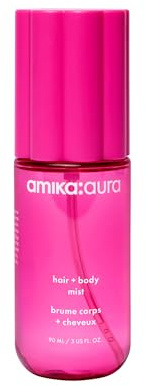 amika aura hair + body mist - everyday fruity floral + vanilla body spray + hair perfume - juicy, uplifting fragrance with sandalwood, apricot, pink grapefruit + lily of the valley - vegan (90 ml)