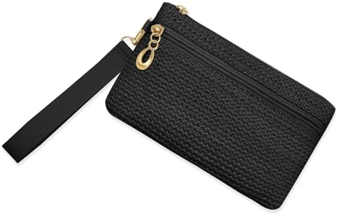 LJCZKA Small Straw Clutch Bag for Women Straw Purse Zipper Wristlet Wallets Bohemian Summer Beach Handbag Cellphone Bag with Wrist Strap