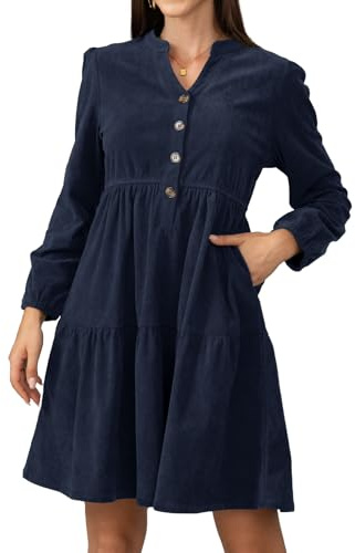 Jayscreate Robe de travail courte à manches longues en velours côtelé pour femme, au-dessus du genou, coupe trapèze, col en V, automne et hiver, bleu marine, Taille S