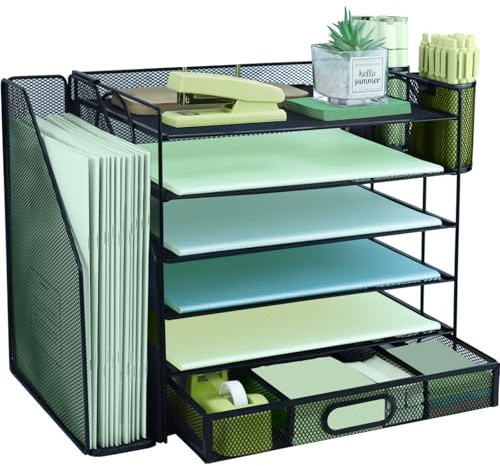 Schreibtisch-Organizer mit 6 Ebenen und extra vertikalem Aktenordner, Papier-Briefablage mit oberer Schreibwaren-Schublade, A4-Papier-Schreibtisch-Ablagen, Zeitschriftenhalter für Heimbüro, Schwarz