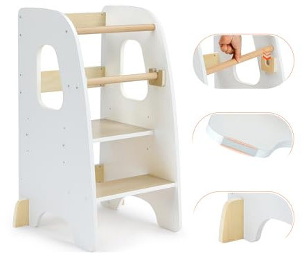 Ezebaby Torre de Aprendizaje, Torre Aprendizaje para Niños, Altura Ajustable, Torre Montessori Madera con barandilla de Seguridad extraíble, para Bebés de 1,5 a 6 Años (Blanco)