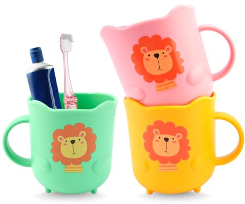 MAIJIAJU 3 stycken tandborstmugg-set, plast tandborstkopp barn lejon med handtag, återanvändbar vattenkopp tandborstkopphållare bärbar munvatten för resor, camping, badrum