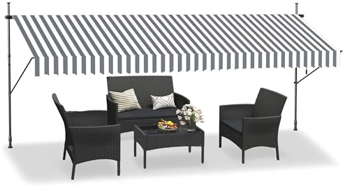 LZQ Klemmmarkise Balkon, Markise Einziehbar Manuell, Handkurbel, höhenverstellbar, UV-beständig, ohne Bohren, 100% Polyester, Grau-weiße, 400x120cm