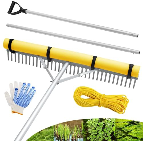 Râteau flottant de 91,4 cm avec poignée d'extension – Râteau polyvalent en aluminium pour étang et paysage pour mauvaises herbes, algues, débris – Comprend un poteau de 259,1 cm et une corde de 15,8 m