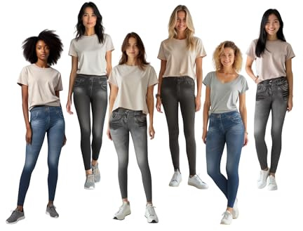 ShopINess 6-Pack Jeggings För Kvinnor I Jeansstil Sömlösa Elastiska Formande Leggings Jeansbyxor Utan Dragkedja 2 Blå, 2 Svarta Och 2 Grå (DE/NL/SE/PL, Alfa, L, XL, Regelbunden, Regelbunden)