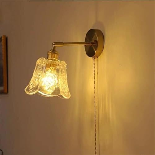 KKXXYQFC Applique da Parete Decorativa con Cordino, Lampada da Parete retrò in Ottone con Paralume in Vetro, Lampada da Parete per Lettura testiera E27, Lampada da Notte per Hotel, Dispositivo per