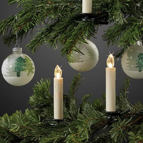 Hellum Baumkerzen LED kabellos 20x warmweiß mit Fernbedienung elfenbein Wachstropfen für innen, batteriebetrieben 14x2cm Christbaumkerzen Lichterkette ohne Kabel, LED Kerzen Weihnachtsbaum 151725