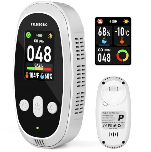 Pildegro Detectores de monóxido de carbono 4 en 1 con enchufe y detector de fugas de gas con batería recargable, sensor mejorado de 10 años, pantalla LED de modo dual detector de CO y gas natural con