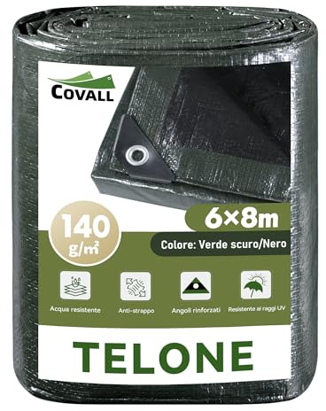 COVALL telo impermeabile resistente rinforzato 6mx8m,140g/㎡ plastica telone | Resistente UV e strappo, occhielli rinforzati, multiuso per camion, auto, giardino, tetto, campeggio e arredi terrazzo