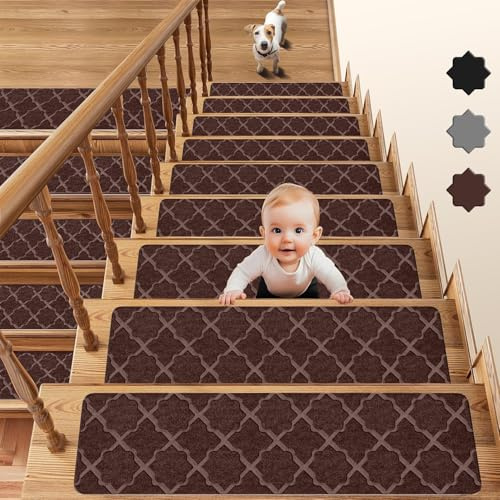 15 tappetini per scale in legno, 20,3 x 76,2 cm, adesivi per gradini delle scale, antiscivolo, riutilizzabili, per bambini, anziani e animali