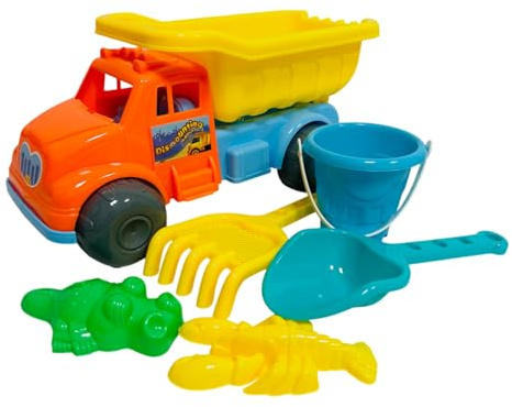 Camion Giocattolo Spiaggia cm 34 con Set Mare Paletta Rastrello Secchiello Formine Autocarro con Cassone Ribaltabile Mare Piscina Giardino Casa Camion per Bambini Set Cantiere Giochi Plastica Spiaggia