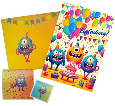 Einladungskarten Kindergeburtstag 50-tlg. mit Umschlägen & Aufklebern (Monster)