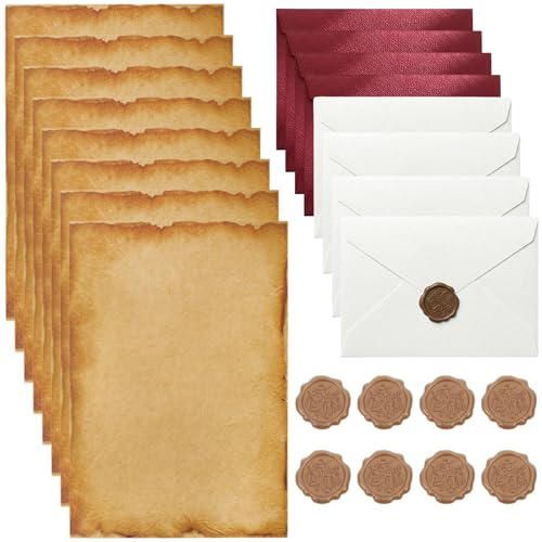 24 Pcs Cancelleria Vintage, con 8 Buste da Lettera in Kraft, 8 Fogli Coordinati, 8 Sigillo in Ceralacca, Carta da Lettere con Busta, per Inviti Matrimonio, Auguri e Lettere d'Amore
