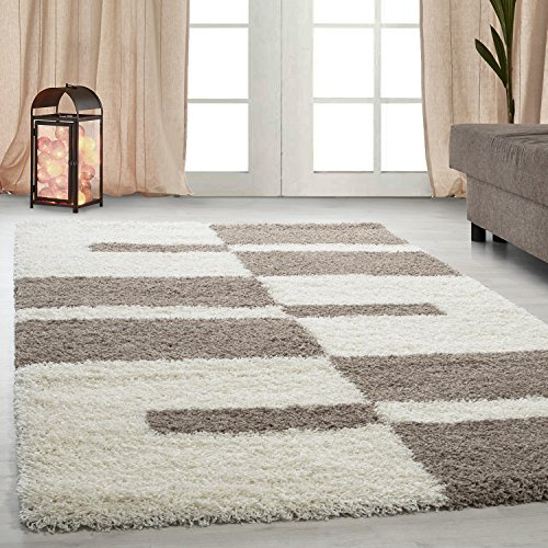 Carpetsale24 2505 Tapis Shaggy à poils longs A rayures, Vert, Gris, gris clair, Violet, Rouge, turquoise, Taupe, Rouge terre cuite Hauteur des poils 3 cm, Polypropylène, beige, 160x230 cm