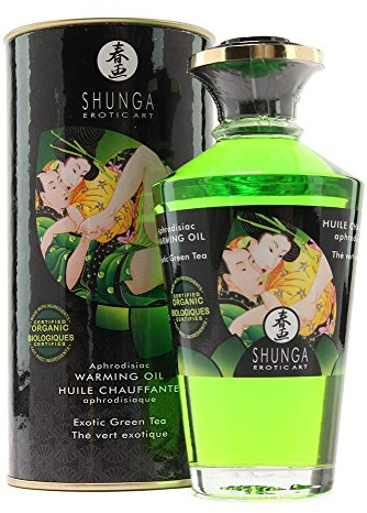 Shunga Huile de Massage Thé Vert Chauffante Comestible Bio, Vert, 100 ml, 1 Unité
