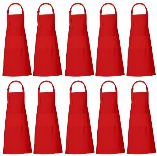 RAJRANG Cotton Chef Apron with 3 Pockets | Unisex Red Full Length Cooking Aprons for Men & Women | Durable Kitchen, BBQ, Gardening & Work Use | Machine Washable Pack of 10