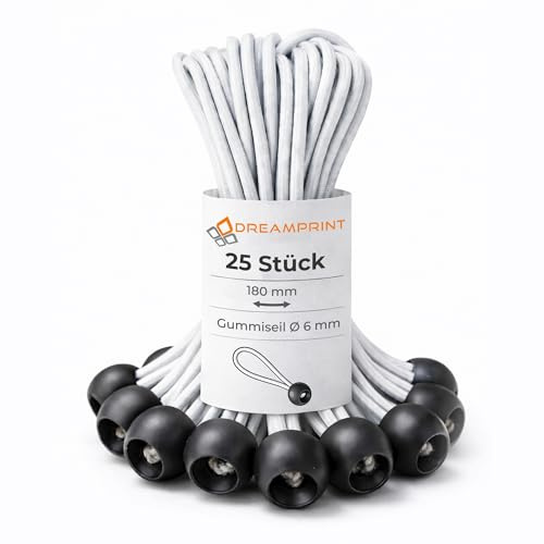 Dreamprint 25x Spanngummi mit Kugel 180 mm Schwarz Weiß Planenspanner, Expanderschlingen, Planenhalter, Planengummi, Gummispanner, Zeltgummi, Expander für Zelte, Planen, Pavillons