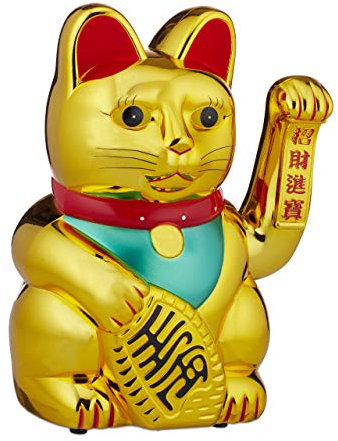 Relaxdays Winkekatze XXL Maneki Neko, batteriebetriebene winkende Pfote, Glücksbringer für Reichtum, Erfolg, 48 cm, Gold